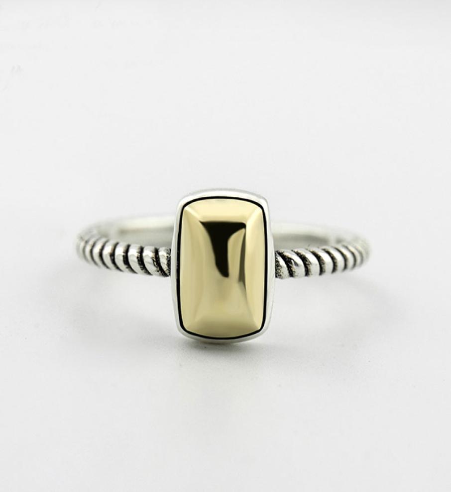

Solid 925 Sterling Silver Finger Rings for Women Rectangle Gold Tone Metal Hemp Rope Vintage Open Ring Fine Jewelry YMR2185138327