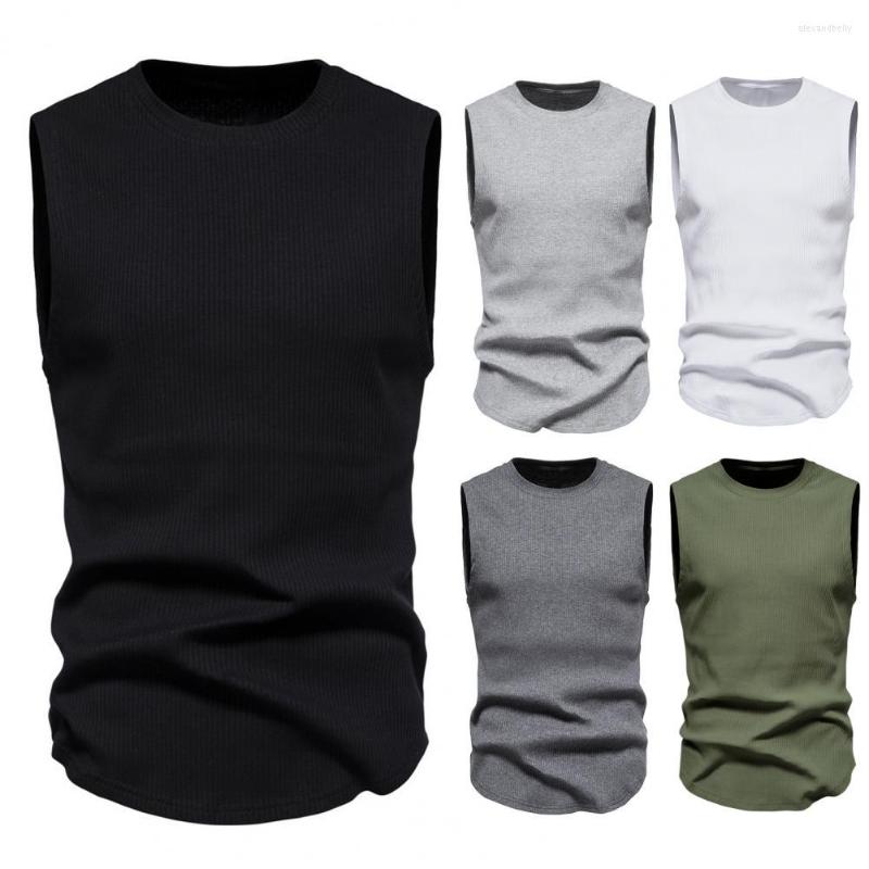 

Men's Tank Tops Men Summer Vest Solid Color Sport Top Round Neck Sleeveless Bottoming T-shirt Breathable Knitted Elastic Male, Black