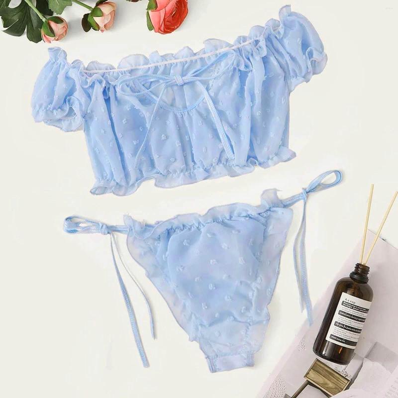 

Bras Sets In Plus Size Lingerie For Women Sexy Embroidery Lace Bowknot Off-shouder Set Sleepwear, White