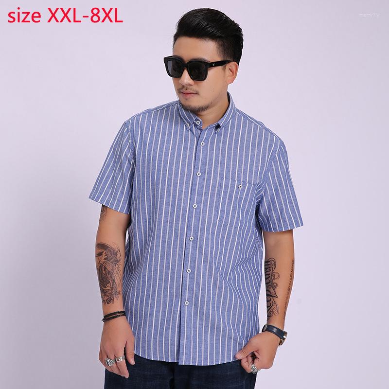 

Men's Casual Shirts Arrival Fashion High Quality 70%cotton 30%linen Men Short Sleeve Loose Linen Striped Plus Size 2XL-6XL 7XL 8XL, 8005 blue