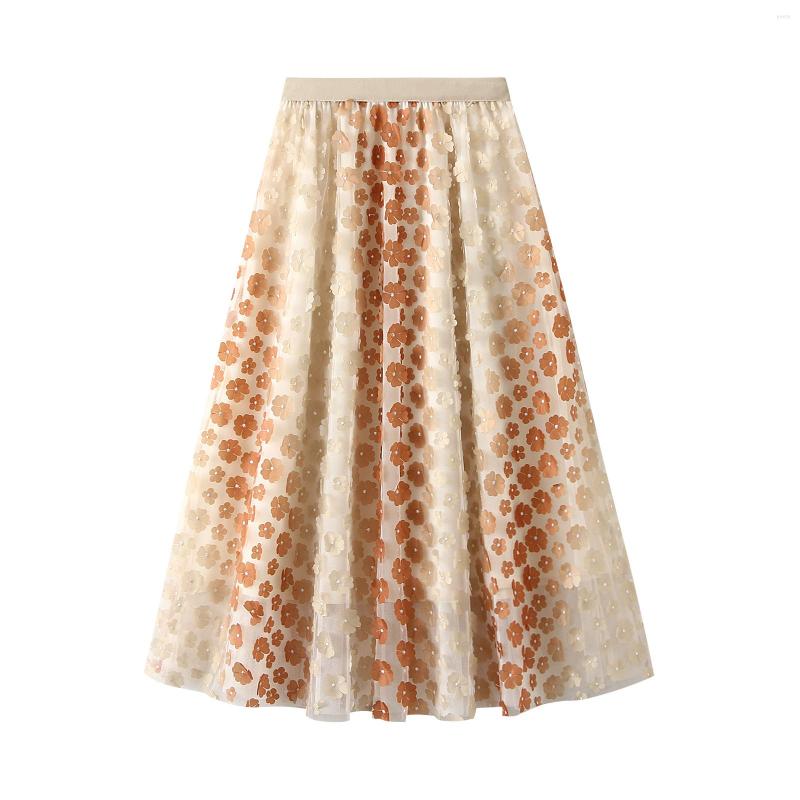 

Skirts Women Long Half Dress Summer Spring Aesthetic Heavy Embroidery Street Casual Party Floral Layered Tulle Skirt For Prom Festival, Khaki