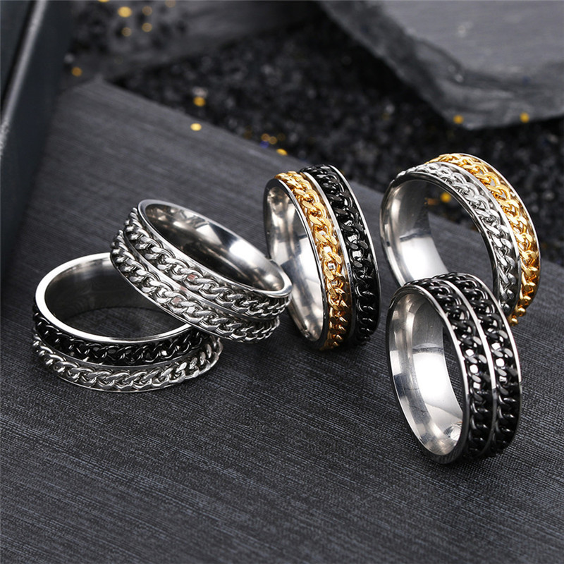 

Fashion Hiphop Jewelry Stainless Steel Mens Ring Designer Punk Double Rotatable Cuban Link Chain Blue Black Silver 18k Gold Ring for Man Party Boyfriend Gift Size 7-12