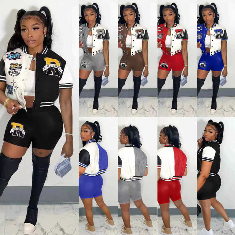 

Summer Designer Womens Baseball Tracksuits Two Piece Shorts Set Letter Printed Bomber Varsity Jacket Sports Pants Outfits Plus Size 3xl, Brown2