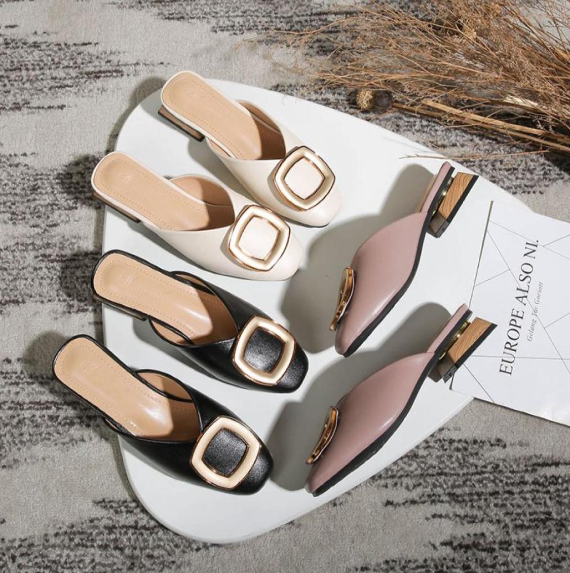

Closed Toe Mules Women Genuine Leather Low Heels Slippers Casual Metal Buckle Slip on Slides Shallow Loafers Big Size Shoes2389525, Pink