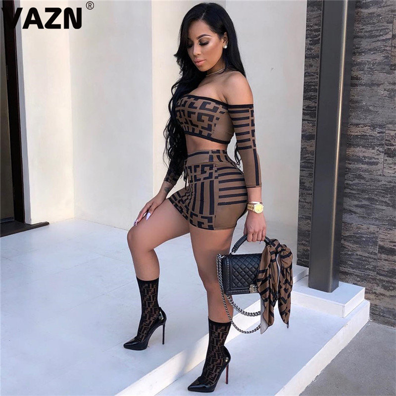 

Women's Two Piece Pants VAZN Summer 2Colors Off Shoulder Eleagnt Wind Sexy Set Long Sleeve Short Pant 2 Piece Sets Night Club Sets, Auburn