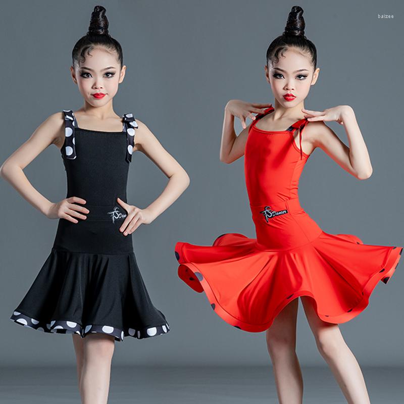 

Stage Wear Sling Polka Dot Latin Dance Dress For Girls Kids Clothes Child Salsa Dresses Practice Costume SL6351, Red