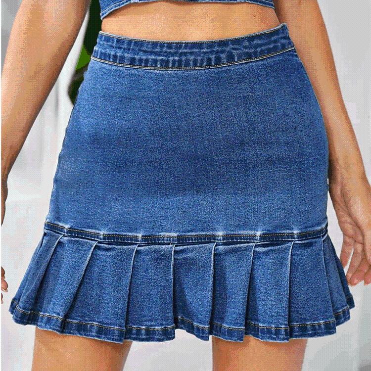 

Skirts Fashion Lace Denim Hip-Wrapped Pleated Skirt, Blue