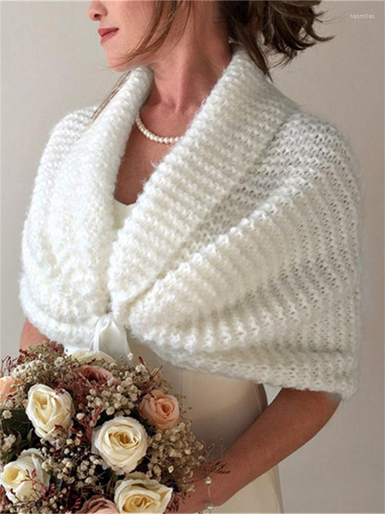 

Women' Knits SEASONS Winter Knitted Shawl Lace Up Cape Over Wedding Dress Elegant Fashion Short Sleeve Sweater Women Cardigan ASSW86122, White