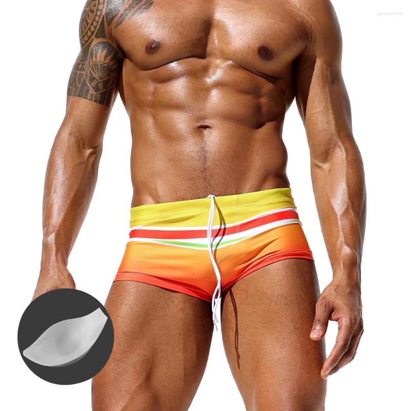 

Men's Swimwear Fashion Rainbow Gradient Men's Swim Shorts Europe America Sexy With Push Pad Boxer Swimming Trunks Summer Beach Surf, No push pad