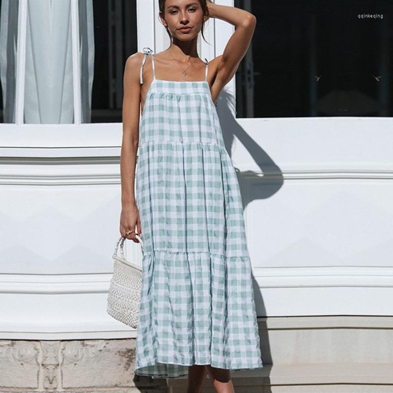 

Casual Dresses 2023 Summer Women' Blue Plaid Bowknot Sling Straight Oversize Long Dress For Ladies All Match Fashion Sleeveless