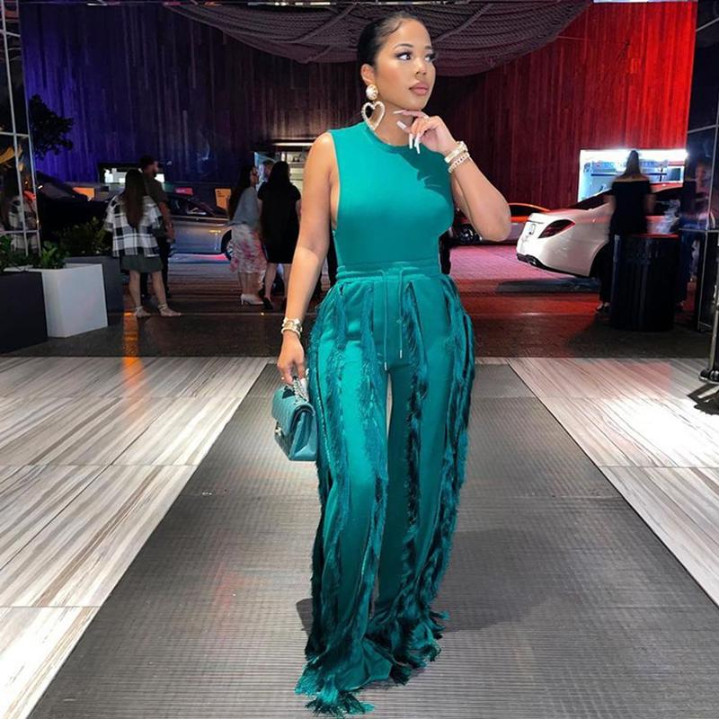 

Pants 2022 New Design Sleeless Bosysuit and Tassel Pants Set Two Piece Set Fringe Wide Leg Trousers Summer Spring Matching Set, Fuchsia