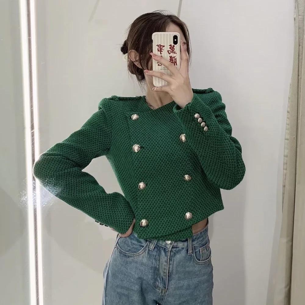 

Pants Xitimeao Women Fashion Double Breasted Tweed Check Short Blazers Coat Vintage Long Sleeve Pockets Female Outerwear Chic Tops, Green