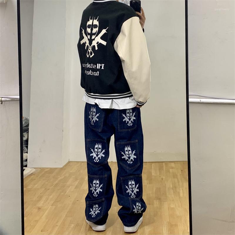 

Men' Jeans Skeleton Baggy Original Y2k Embroidered Wide Pants Casual Loose Straight High Street Cargo Men' Clothing