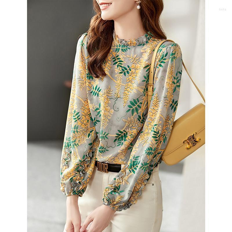 

Women's Blouses Blouse Wooden Ear Edge Stand Collar Broken Flower Chiffon Shirt Women Long Sleeve Design Perceptual Ruffle Female Top, Gray