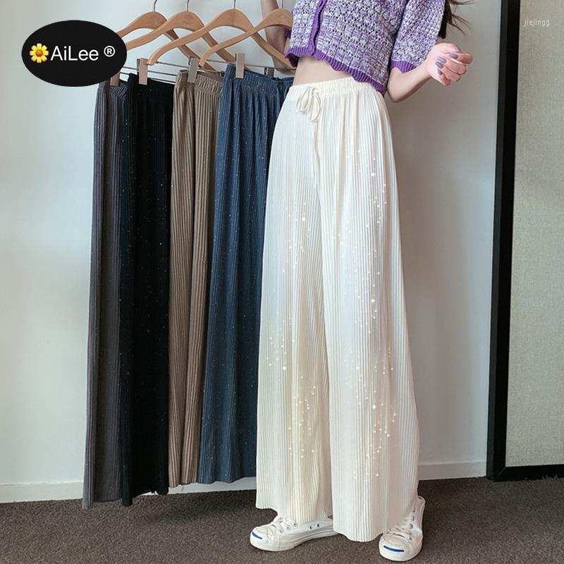 

Women's Pants Bling Chiffon Women Loose Trousers Drawstring Drape Full Mopping Pleated Female Casual Thin Teenagers Ulzzang Chic, Beige