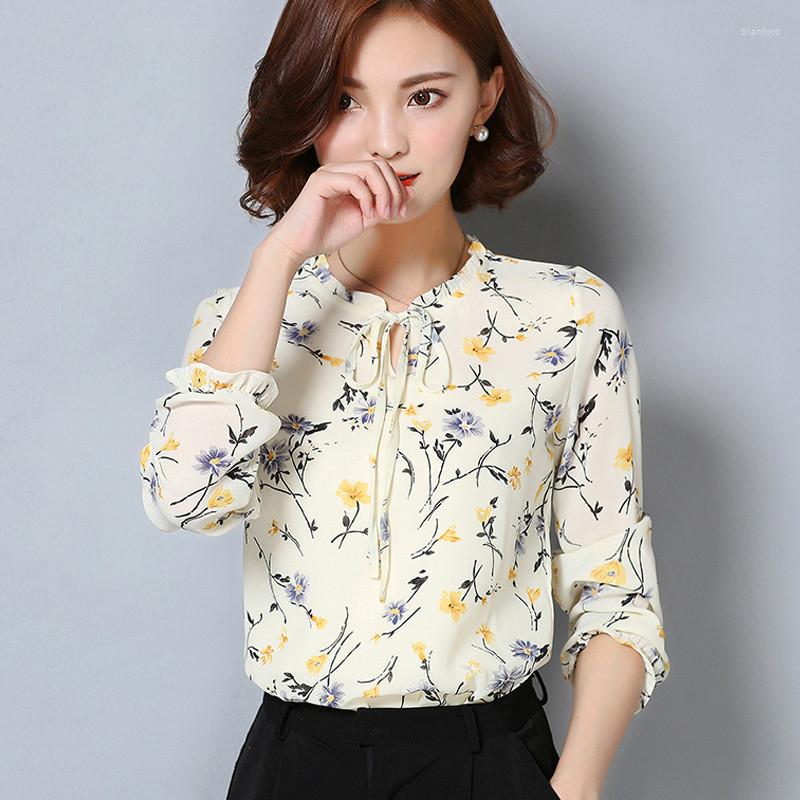 

Women' Blouses Printed Chiffon Shirt Fall Spring Loose Slim Blouse Tops Ladies Long Sleeves Round Collar Korean Casual Clothes H9024, Lightyellow
