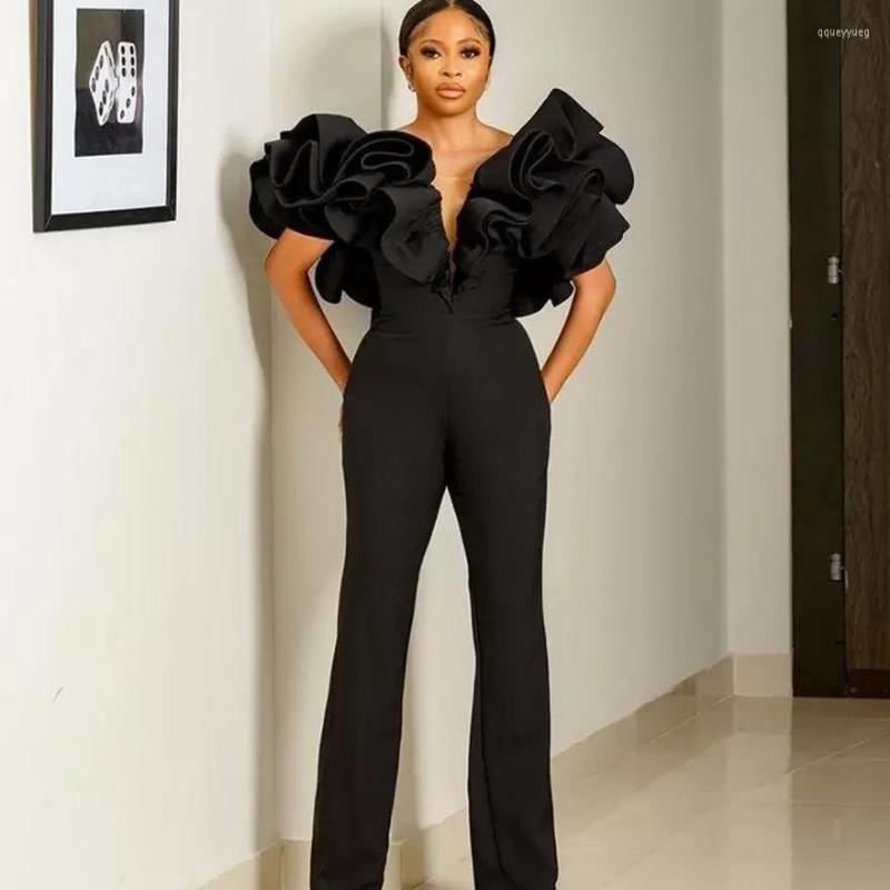 

Party Dresses Fashion Black Jumpsuit Prom Aso Ebi Arabic Ruffles V Neck African Evening Gowns Plus Size, Green