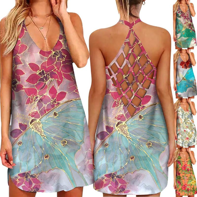 

Casual Dresses Summer Women Fashion 3D Butterfly Floral Print Mini Dress Sleeveless Hallow Out Back Hawaiian Style Beachwear Clubwear, Color-1