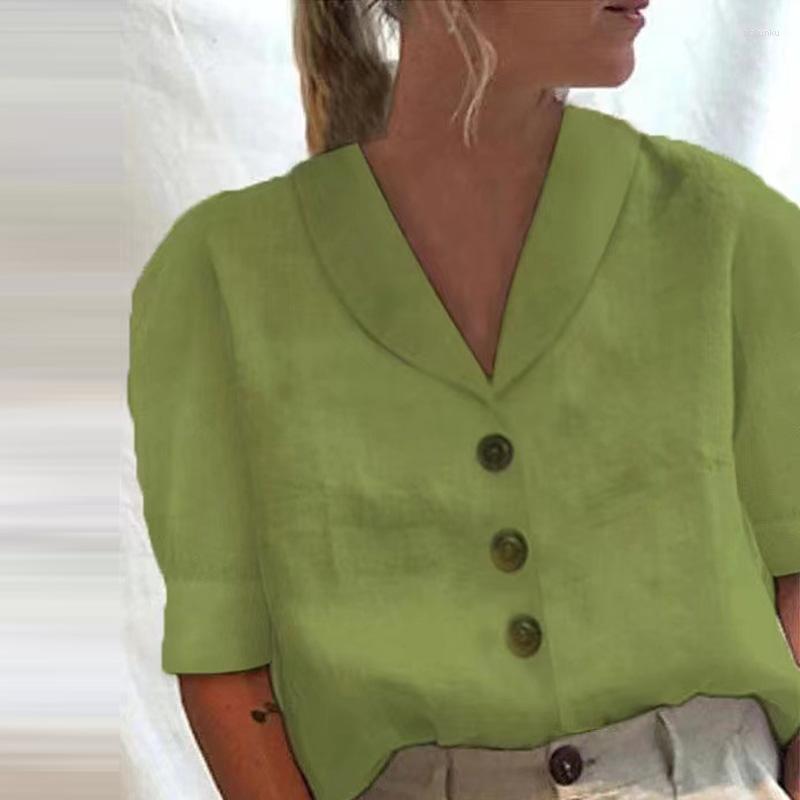 

Women' Blouses 2023 Lady OL Solid Color Cardigan Shirts Spring Summer Short Sleeve V Neck Tops Women Casual Single Breasted Office Blouse, White