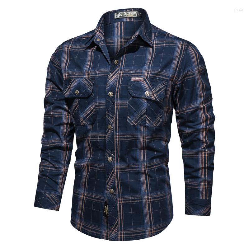 

Men's Casual Shirts 2023 Men's Spring Military Plaid Turn Down Collar Long Sleeve Shirt Male Stripped Army Plus Size 4XL, Blue