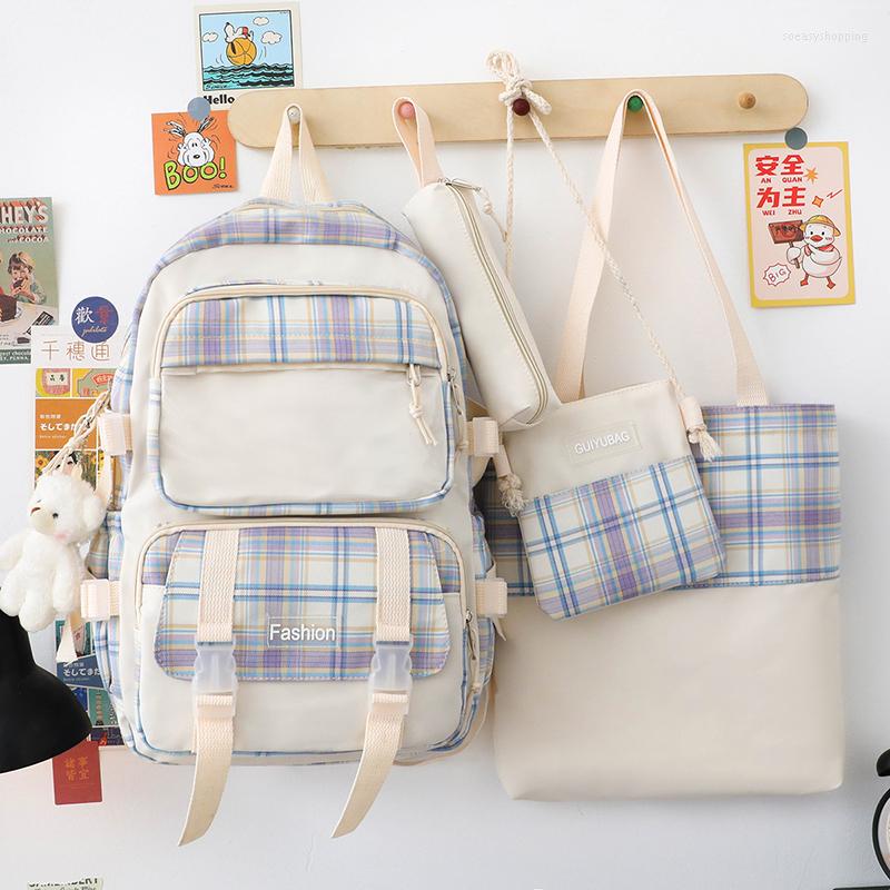 

Backpack 4 Pcs Women Kawaii Plaid School Bag Mochila Cute Book Schoolbag For Teenage Girl Travel Bagpack Large Capacity Rucksack, Black