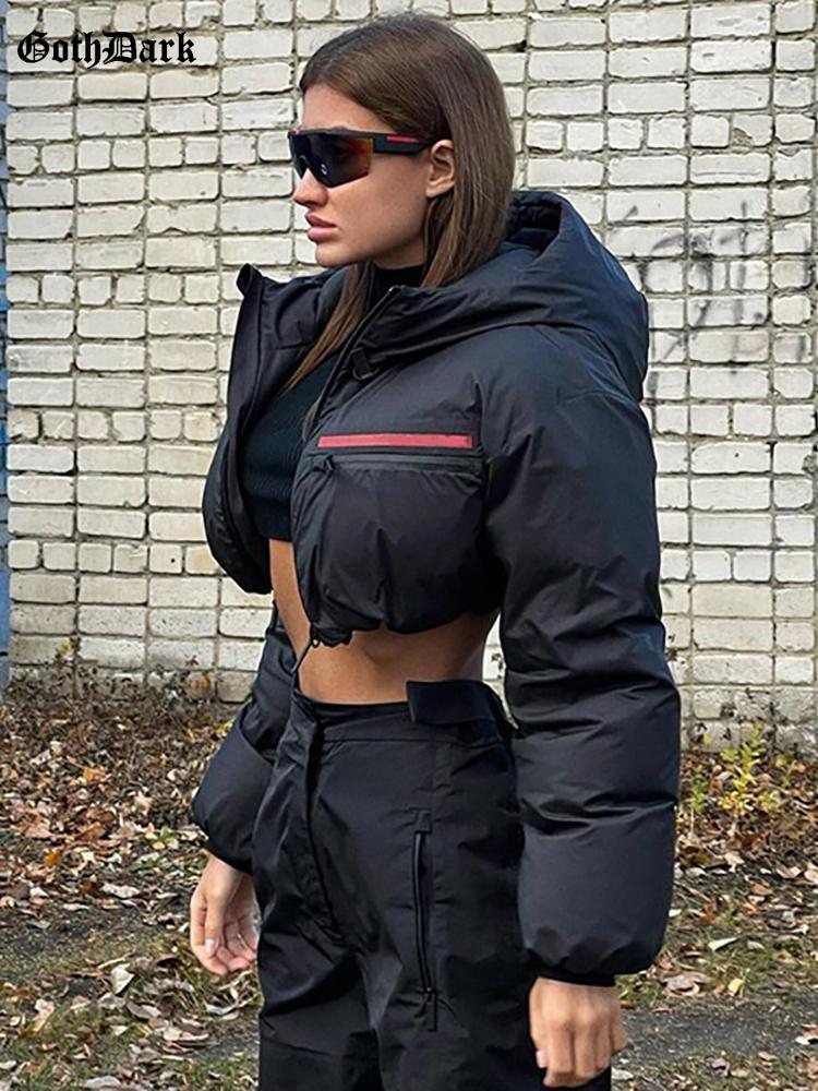 

Leather Goth Dark Punk Drap Shoulder Zipper Crop Puffer Coats Cyber Y2k Drawstring Hooded Black Women Jackets Gothic Winter Streetwear