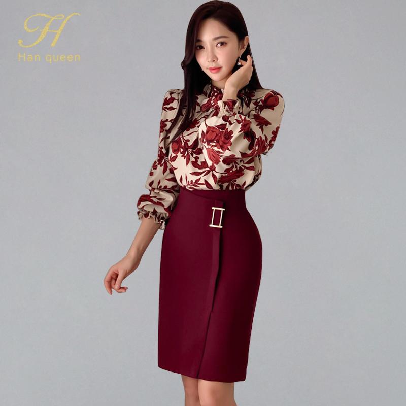 

Pants H Han Queen Women 2020 Spring Sexy Print Fashion Casual OL Work Wear 2 Pieces Set Sheath Pencil Bodycon Suit skirt, Red