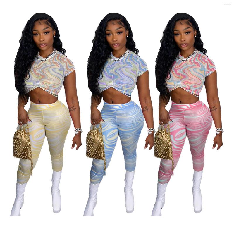 

Women's Two Piece Pants Summer Women Sets Outfits Casual Print Crop Top And Skinny Tracksuits Fashion Streetwear 2pcs Suits, Sky blue