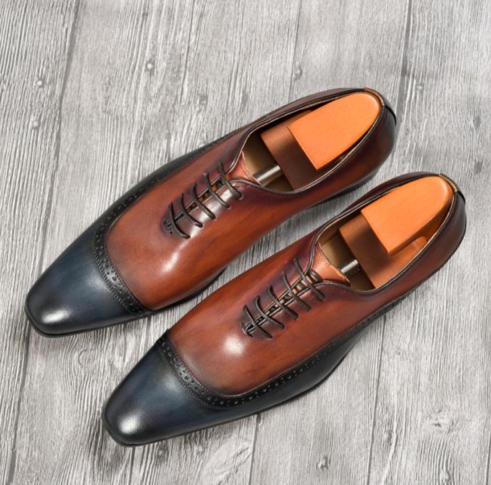 

Men Oxford Italian Design Fashion Brown Blue Double Color Office Formal Pointed Toe Narrow Mens Dress Wedding Leather Shoes2479244