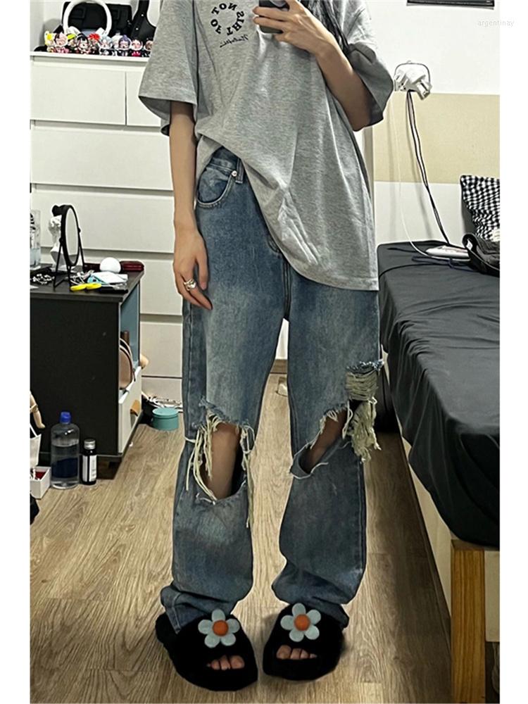 

Women' Jeans Vintage Women' Bottoms Blue High Waist Fashion Ripped Straight Wide Leg Pants Street Baggy Mopping Trouser Ladies Autumn