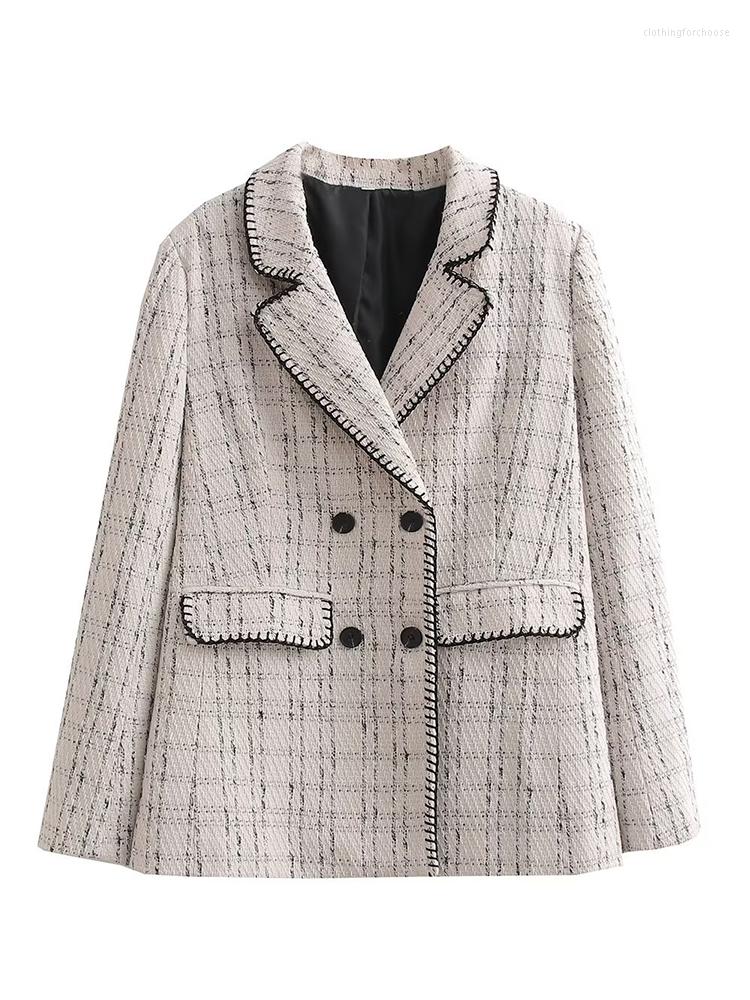 

Women' Suits YENKYE 2023 Women Double Breasted Office Wear Tweed Blazer Coat Vintage Long Sleeve Flap Pockets Female Chic Outerwear, As picture