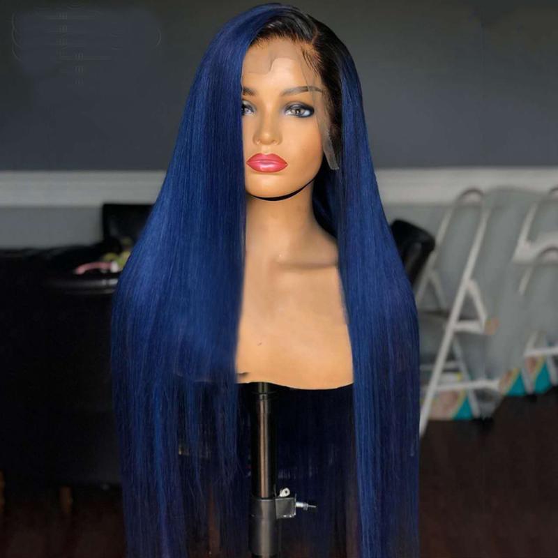 

Synthetic Wigs Lace Front For Women Ombre Black Blue Color Straight Daily Use Heat Resistant Darker Fiber Hair, Ombre blue