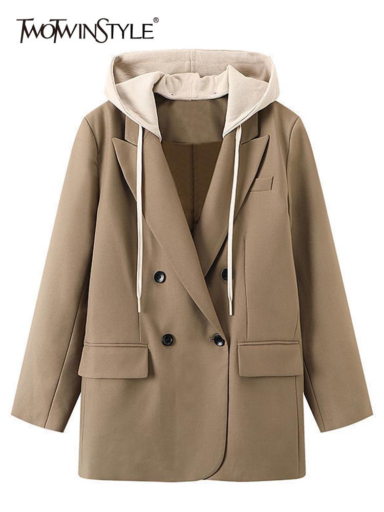 

Pants TWOTWINSTYLE Casual Blazer For Women Notched Collar Long Sleeve Patchwork Hooded Collar Long Sleeve Blazers Female Clothing 2022, Khaki