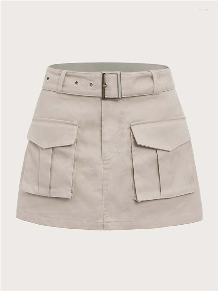 

Skirts Cotton High Street Punk Grunge Pocket Buckle Belted Cargo Skirt Women Summer Solid Waist Y2K Clothes Streetwear, Khaki