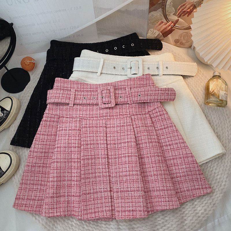 

Skirts Ashgaily Tweed Pleated High Waist Mini Women Retro with Belt Autum Arrivals Style 230420, Nzdk682p11