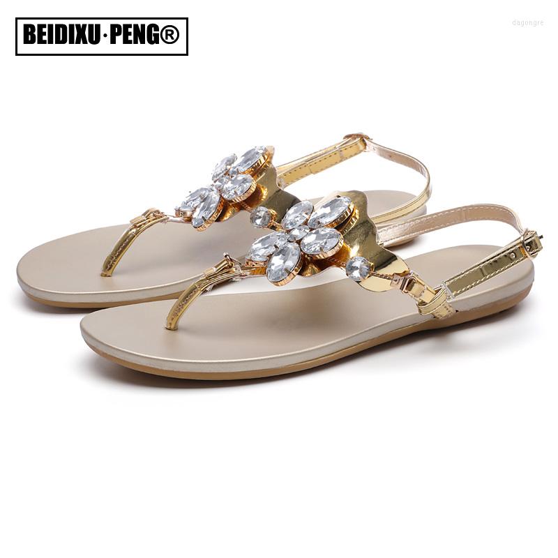 

Sandals Street Women Thong Sandal Shoes Summer Beach Flip-flops Bling Crystals Flower Sandalias Shoe Ankle Strap Roman Flats Sandles, Gold