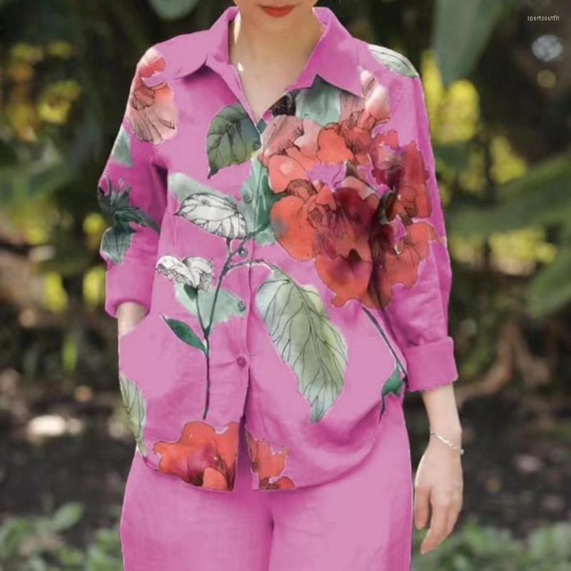 

Women's Blouses Floral Leaves Print Women Shirt Lapel Long Sleeve Single-breasted Office Loose Buttons Placket Casual Streetwear, Sky blue