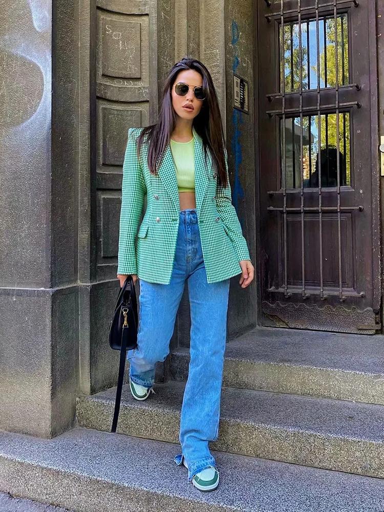 

Pants SLMD Stylish Elegant Green Double Breasted Check Blazers Women 2021 Fashion Pockets Notched Plaid Blazer Coat Female Chic Tops, Pink