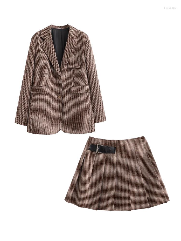 

Two Piece Dress Zat Women Houndstooth Jacket Coats Pocket Female Vintage Plaid Spring Coat With Mini Skirt Blazer Set, Blue