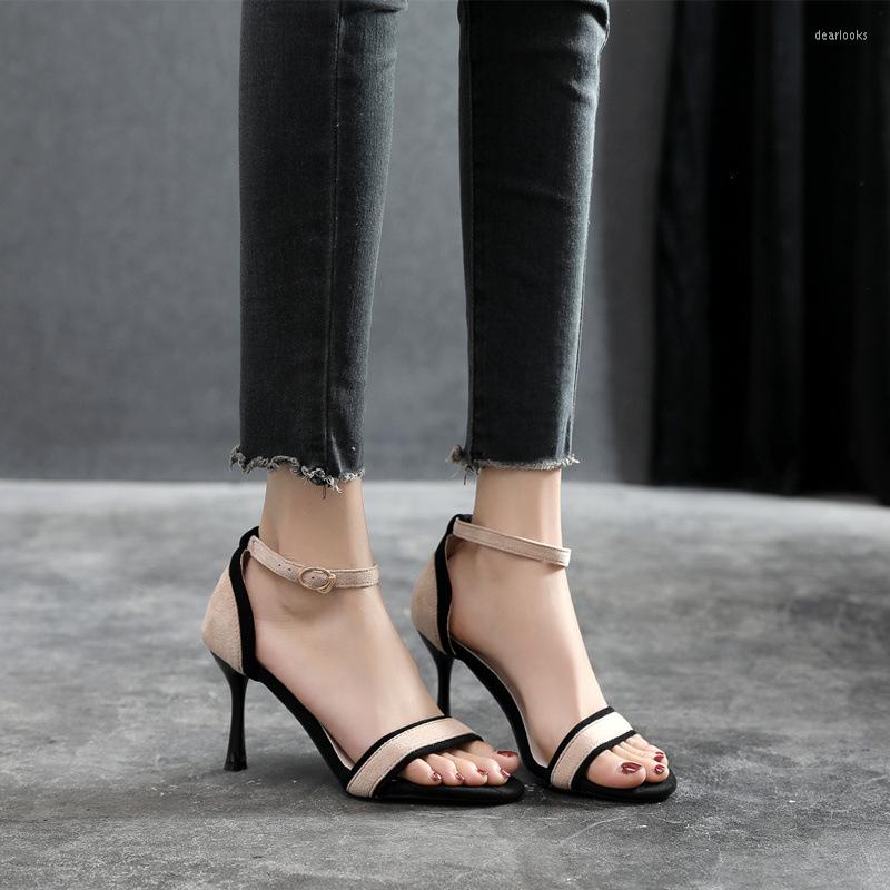 

Sandals Open Toe Stiletto Heels Small Size 31-43 Buckle Women Color Matching Black Summer, 7cm heel