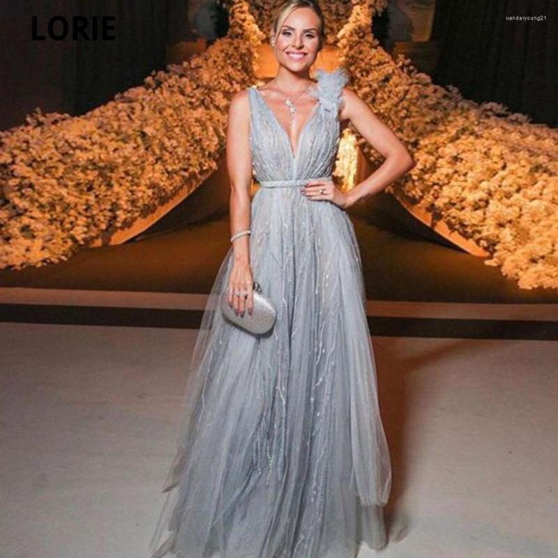 

Party Dresses LORIE Abendkleider V-neck Tulle Gown Evening Sparkly Sequins Belt Beach Club Silver Prom Dress Vestidos De Noche, Beige