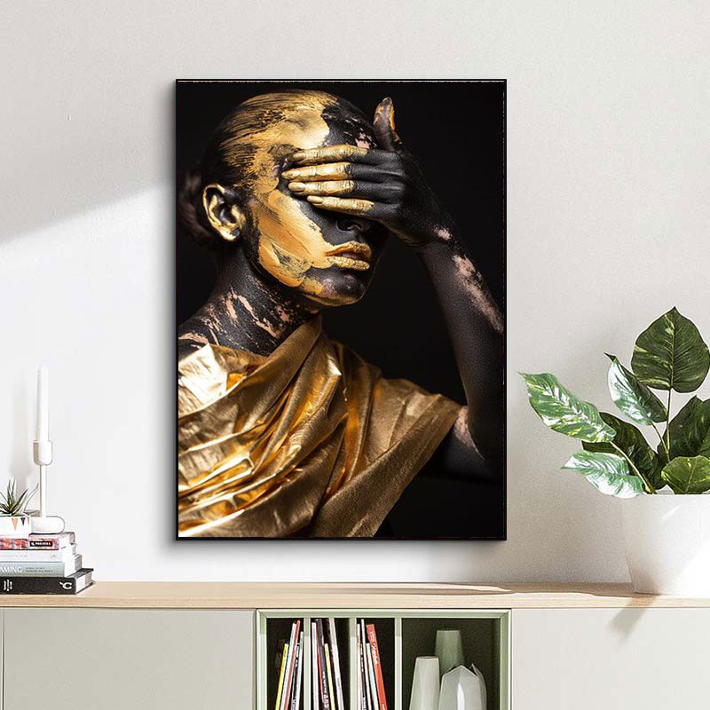 

Beauty Woman Gold And Black Oil Painting Posters And Prints Cover Eyes Pouting Canvas Painting Pictures For Living Room Decor