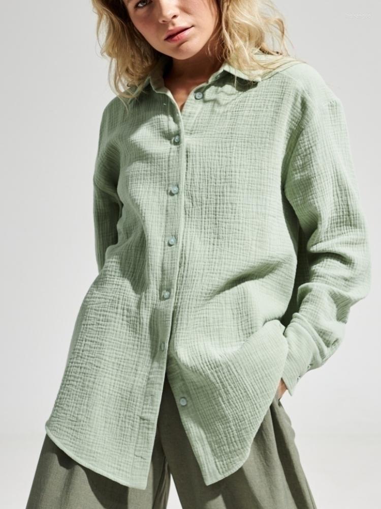 

Women' Blouses Women' Spring Summer Cotton Shirts Office Lady Fashionable Solid Long Sleeve Loose Tops Crepe Female Clothing, Green