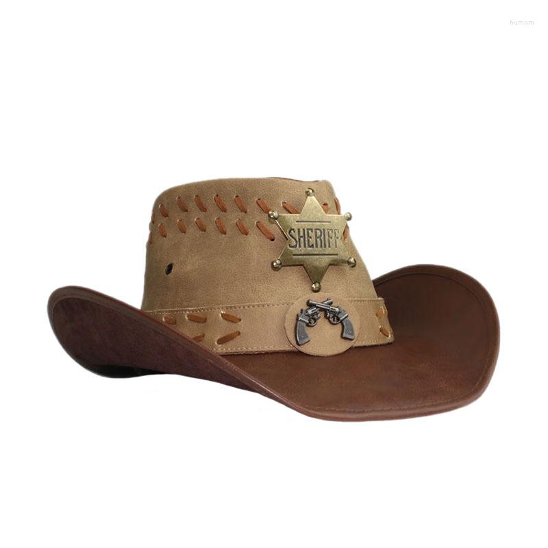 

Berets Unisex Women Men Retro Hexagram Badge PU Leather Roll Up Wide Brim Sombrero Sun Cap Beach Cowboy Cowgirl Western Hat Adjustable, No.1 solid khaki