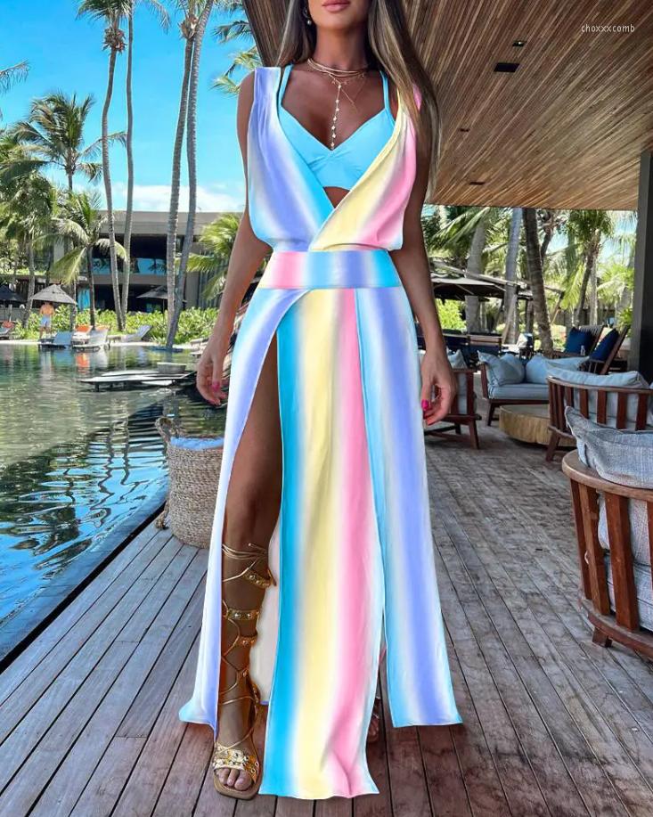 

Casual Dresses Women' 2023 Summer Fashion Print Sleeveless Sexy High Slit Maxi Plunge Vacation Dress With Bra Top