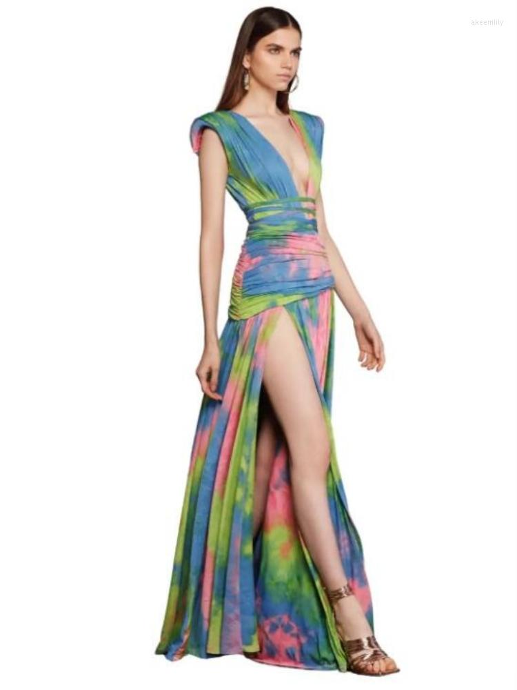 

Casual Dresses Women Summer Sleeveless Tie Dye Slit Long Dress Sexy V Neck Waist Lace Up Folds Elegant Evening Party Club, As photo