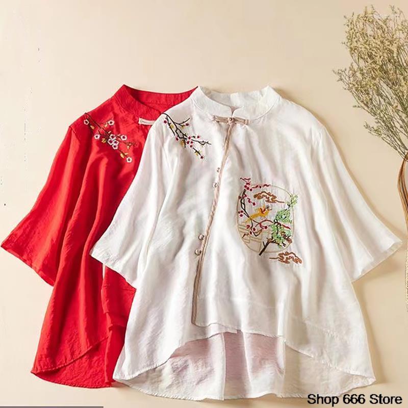 

Ethnic Clothing Tang Suit Chinese Shirt Traditional For Women Cheongsam Top Hanfu Spring Summer Cotton Embroidered T-shirt