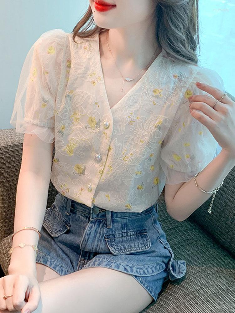 

Women' Blouses Blusas Mujer De Moda 2023 Verano Short Sleeve Blouse Women Summer V-Neck Print Shirt Tops Shirts Blusa G298, Pink flowers