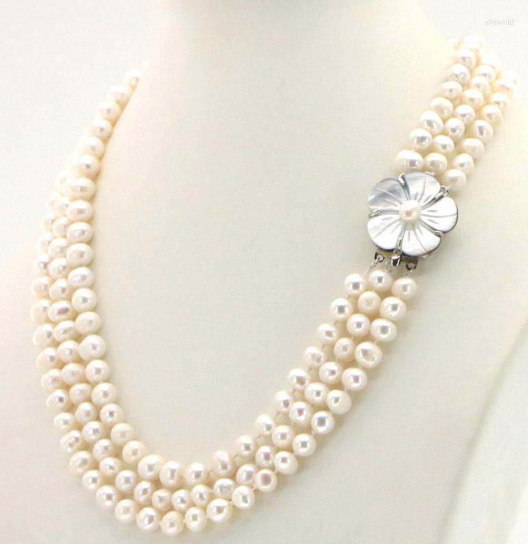 

Choker HABITOO 3 Row 7-8mm Freshwater Pearl Necklace Shell Flower Clasp 17-19 Inch Jewelry For Women Charming Gifts Daily Wear