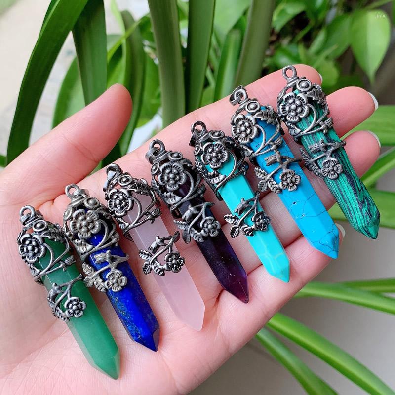 

Pendant Necklaces Flower Wrapped Natural Gems Stone Big Size Hexagonal Pendulum Amethysts Quartz Lapis Pink Crystal Pendants For Women Men
